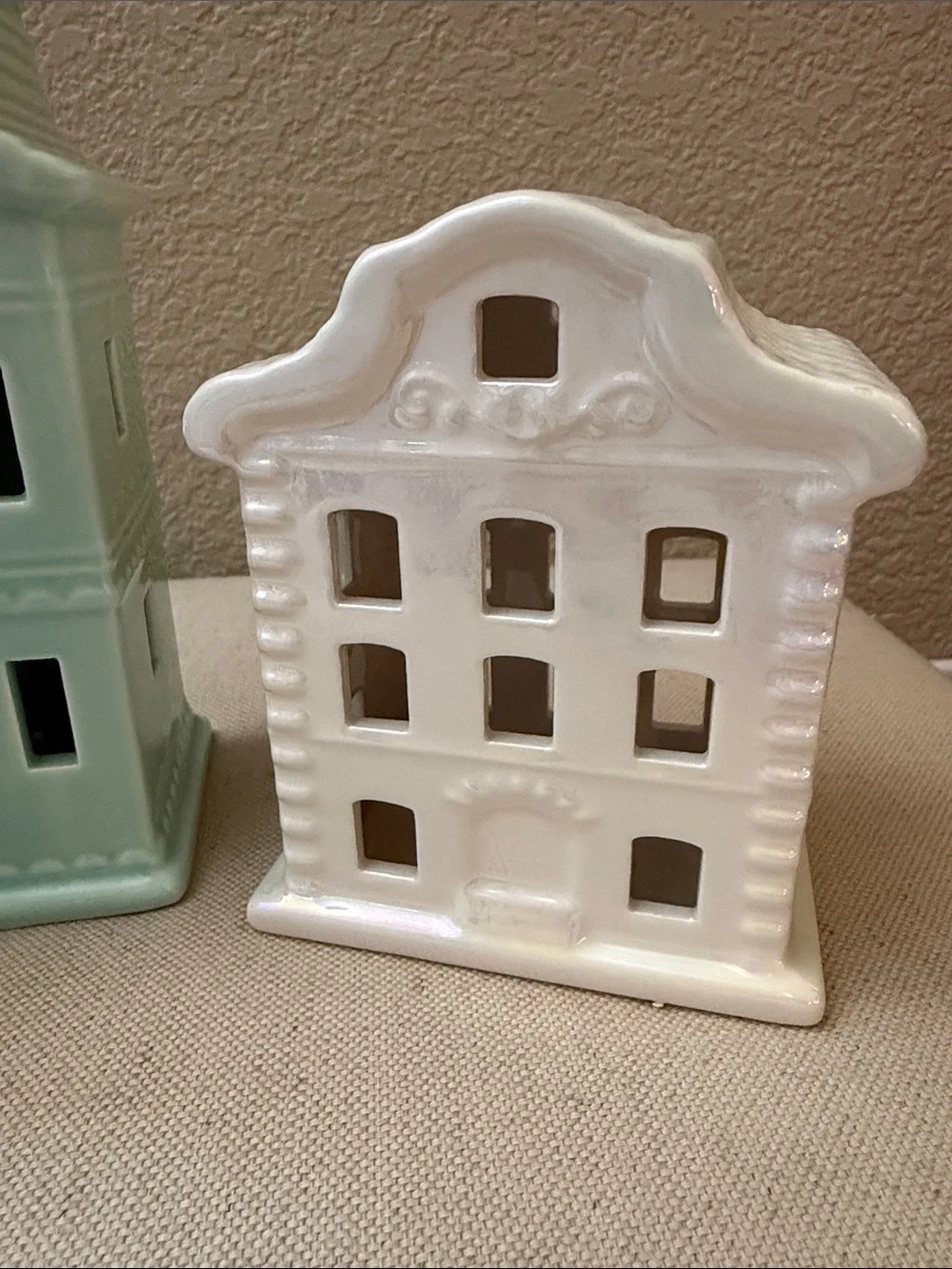 Set-of-3 Ceramic Light-up Village Pieces, 4.5”-6.25” high, bottom on/off switch